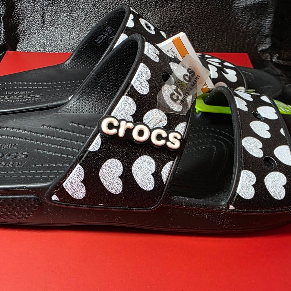 Women's Black w/white hearts Crocs slides - Picture 6 of 7